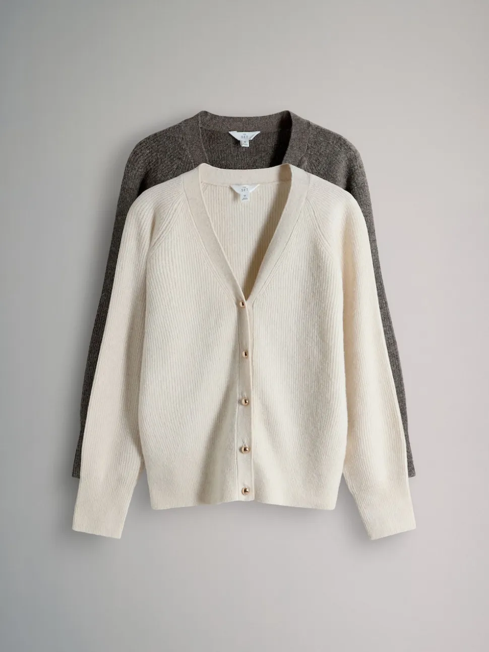 The Set 2 Pack Chunky Rib Knitted Cardigans With Wool Brown Marl/Cream