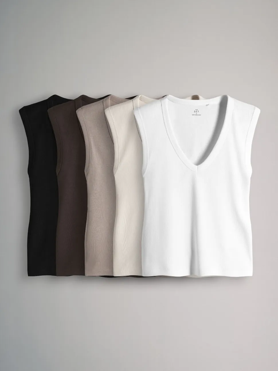 The Set 5 Pack Deep V-Neck Ribbed Vest Black/Brown/White/Cream