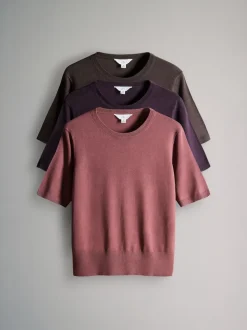 The Set 3 Pack Fine Knit T-Shirts Plum/Dark Pink/Brown