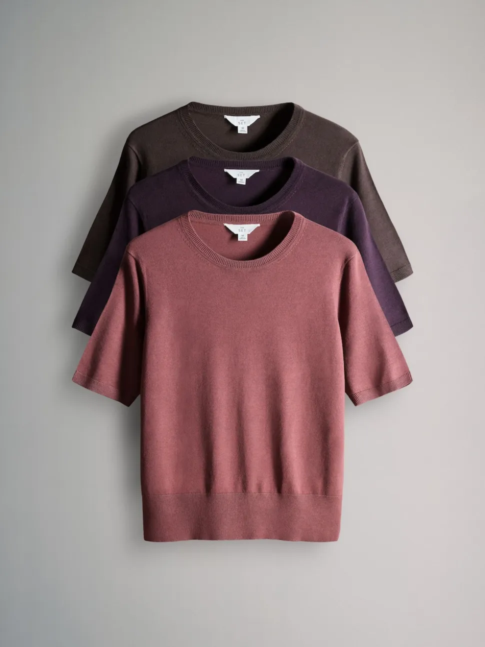 The Set 3 Pack Fine Knit T-Shirts Plum/Dark Pink/Brown
