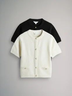 The Set 2 Pack Gold Button Knitted Short Sleeve Cardigans Cream/Black