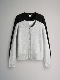 The Set 2 Pack Gold Button Knitted Cardigans With Wool Black/Grey Marl