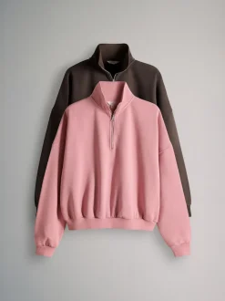 The Set 2 Pack Half Zip Funnel Neck Sweatshirts Pink/Chocolate Brown