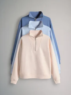 The Set 3 Pack Half Zip Ribbed Funnel Neck Sweatshirts Blue/Light Blue/White