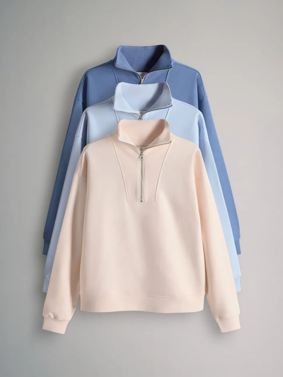 The Set 3 Pack Half Zip Ribbed Funnel Neck Sweatshirts Blue/Light Blue/White
