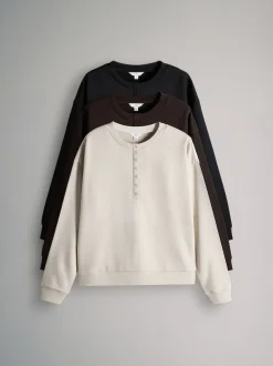 The Set 3 Pack Henley Sweatshirts Black/Chocolate Brown/Cream