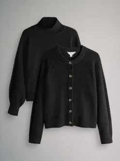 The Set 2 Pack High Neck Jumper/Cardigan Black Cable