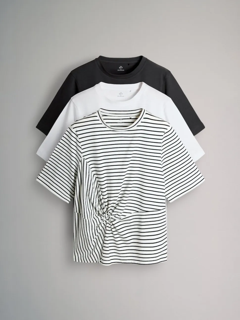 The Set 3 Pack Knot Front T-Shirts Black/White/Stripe