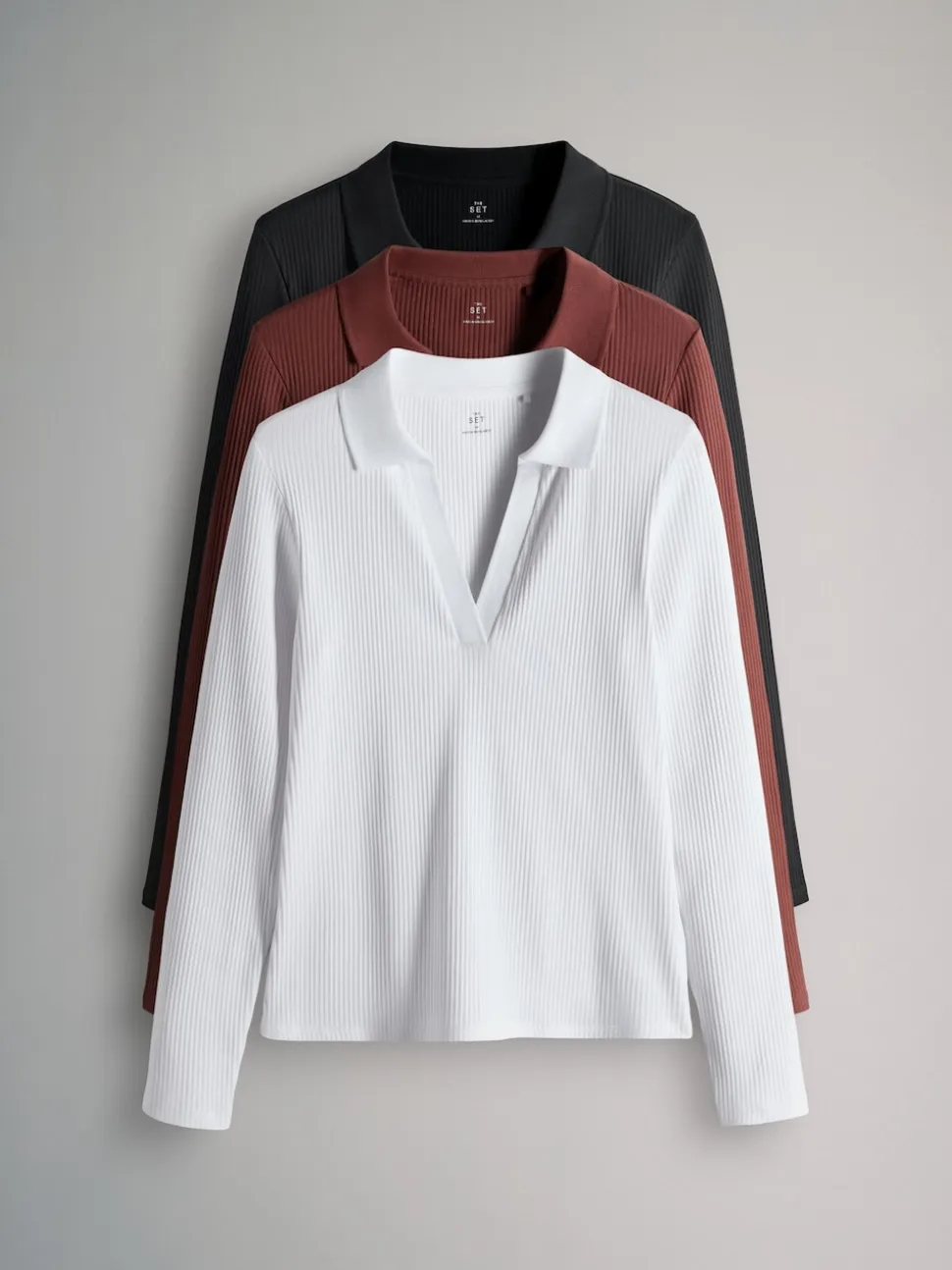 The Set 3 Pack Long Sleeve Ribbed Polo Top Black/Pink/White