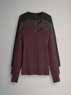 The Set 3 Pack Long Sleeve Button Through Rib T-Shirt Black/Chocolate Brown/Berry