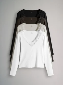 The Set 4 Pack Long Sleeve V-Neck Ribbed Lace Trim T-Shirt Black/Chocolate Brown/Taupe Brown/Cream