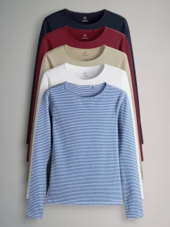 The Set 5 Pack Long Sleeve Crew Neck T-Shirts Navy/Light Blue Stripe/Red/Stone Brown/White
