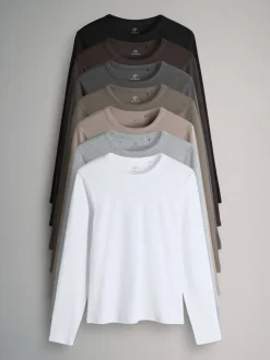 The Set 7 Pack Long Sleeve Ribbed T-Shirts Black/White/Grey Marl/Charcoal/Brown/Taupe Brown