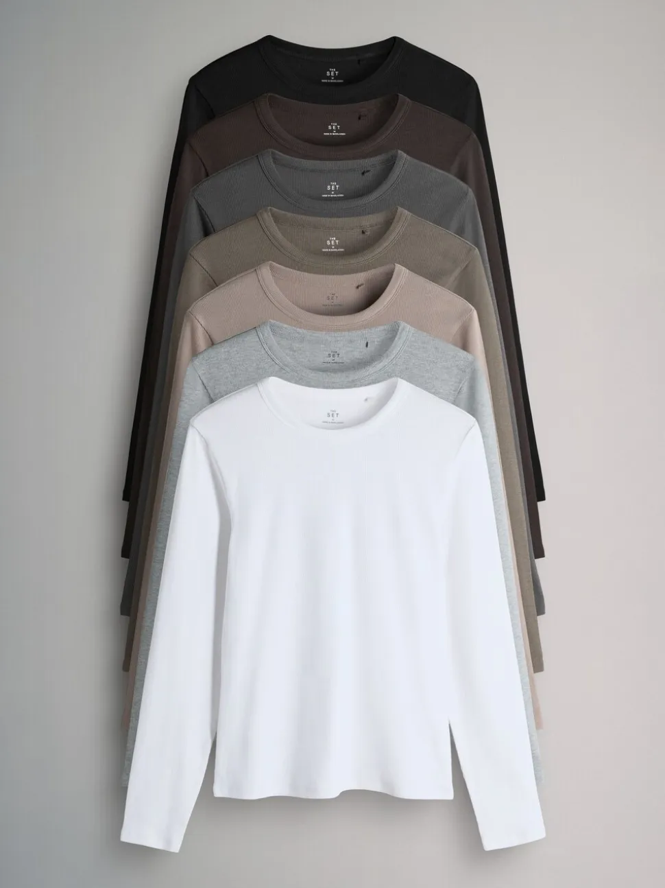 The Set 7 Pack Long Sleeve Ribbed T-Shirts Black/White/Grey Marl/Charcoal/Brown/Taupe Brown