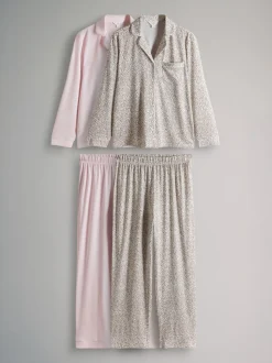 The Set 2 Pack Polyester Viscose Blend Button Through Long Pyjamas with Piping Animal/Pink