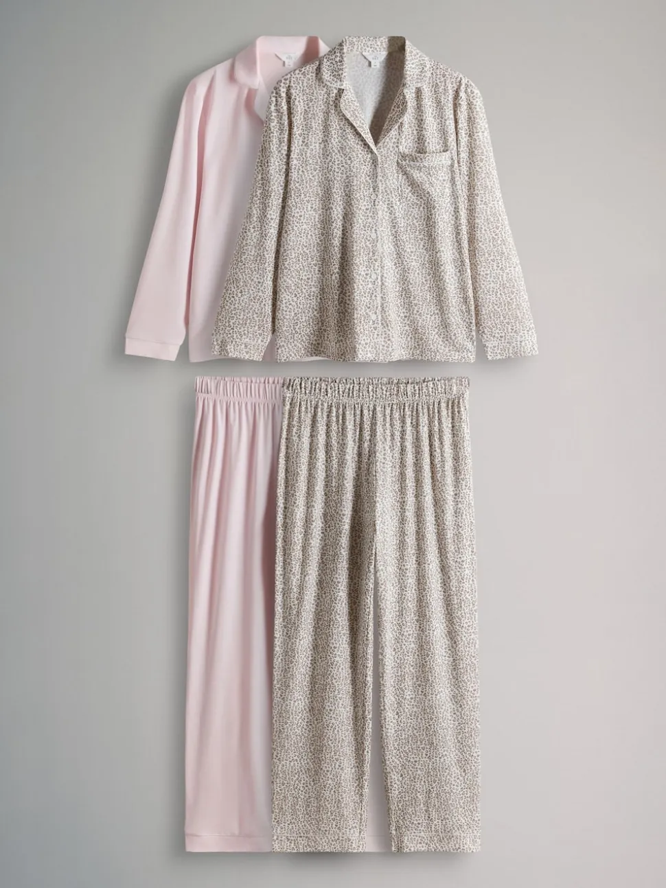 The Set 2 Pack Polyester Viscose Blend Button Through Long Pyjamas with Piping Animal/Pink