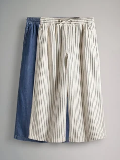 The Set 2 Pack Pull On Wide Leg Lightweight Jeans Mid Blue/Ecru Stripe
