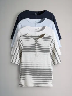 The Set 4 Pack Ribbed Half Sleeve Henley T Shirt Navy/Light Blue/White/Stripe