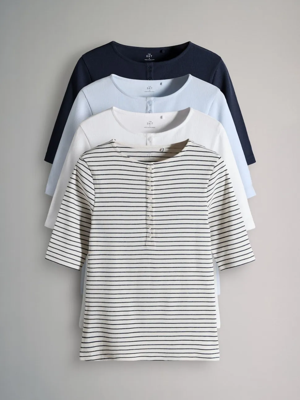 The Set 4 Pack Ribbed Half Sleeve Henley T Shirt Navy/Light Blue/White/Stripe