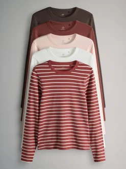 The Set 5 Pack Ribbed Long Sleeve T-Shirts Brown/Pink/White/Stripe