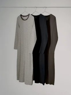 The Set 3 Pack Ribbed Long Sleeve Midi Dresses Navy/Khaki/Stripe