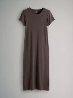 The Set 3 Pack Short Sleeve Ribbed Midi Dresses Black/Chocolate/Charcoal