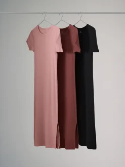 The Set 3 Pack Short Sleeve Ribbed Midi Dresses Black/Mauve Pink/Light Pink
