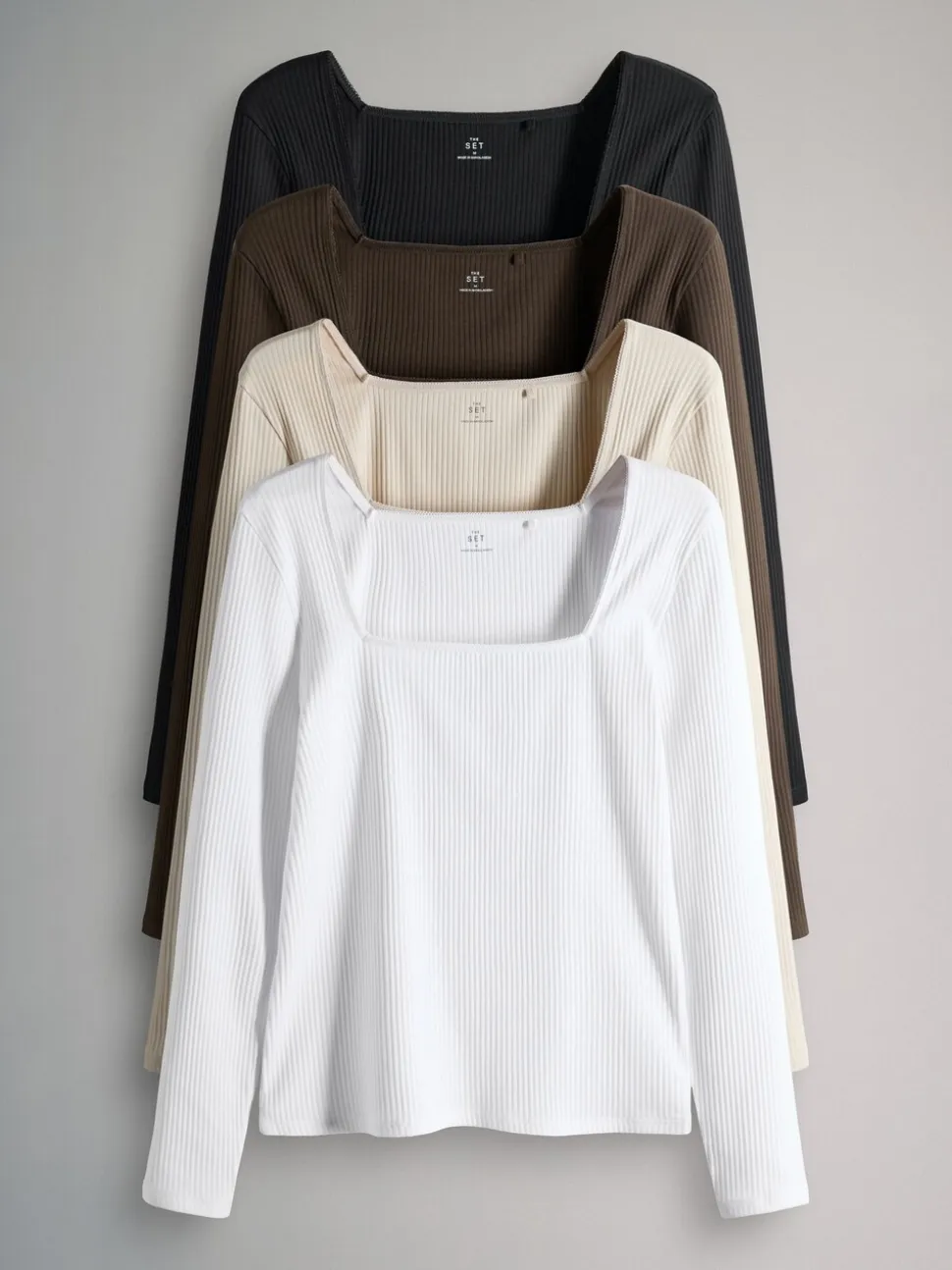 The Set 4 Pack Trim Square Neck Ribbed Tops Black/Chocolate Brown/Cream/White