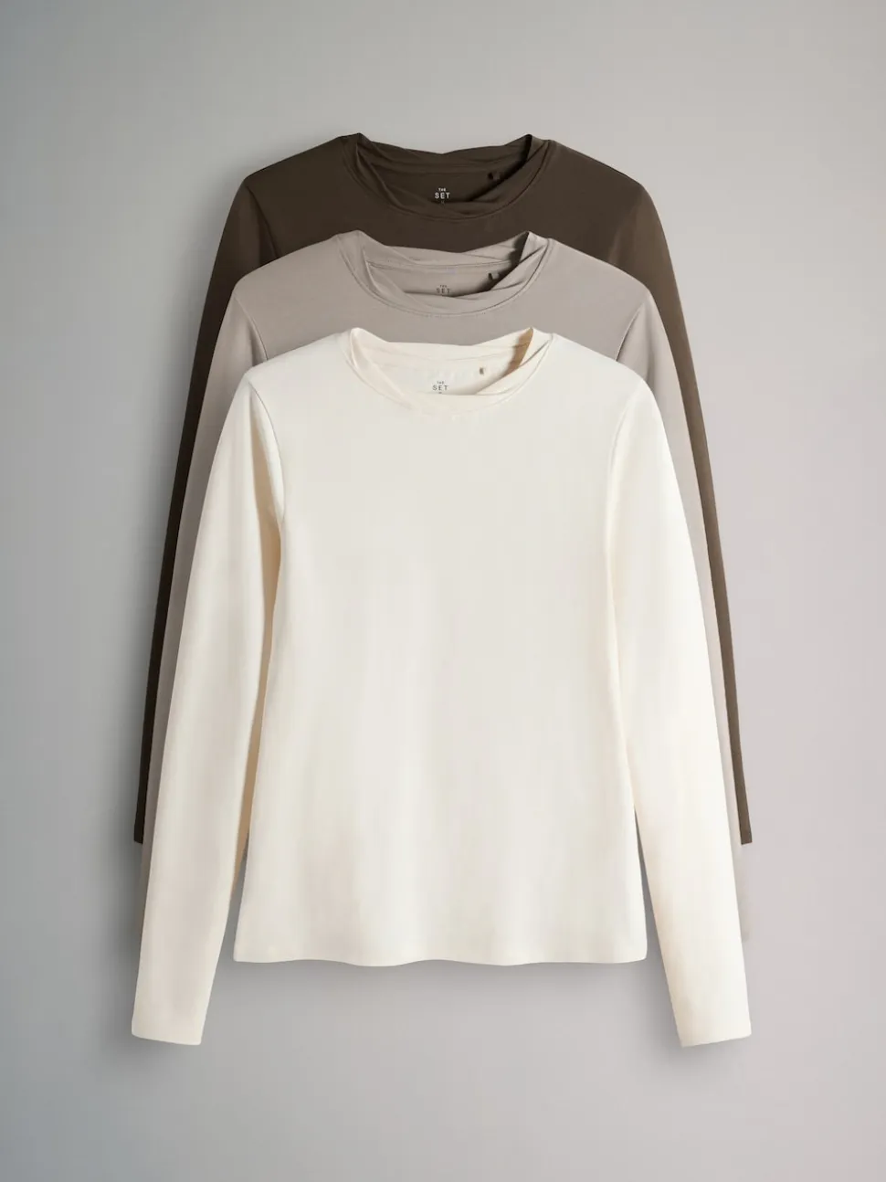 The Set 3 Pack Twist Neck Long Sleeve T-Shirts Chocolate Brown/Taupe Brown/Cream