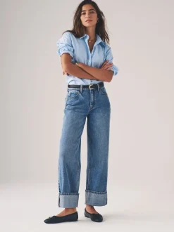 The Set 2 Pack Wide Leg Turn Up Hem Jeans Mid Blue/Dark Blue