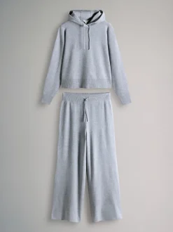 The Set Knitted Ribbed Hoodie and Wide Leg Trouser Co-ord Light Grey Marl