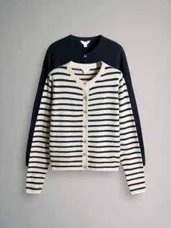The Set Navy/Cream Stripe 2 Pack Gold Button Knitted Cardigans With Wool