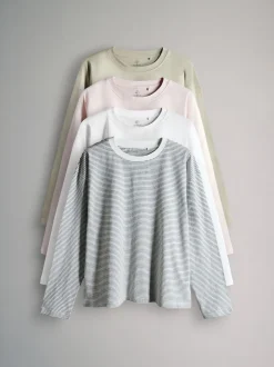 The Set Relaxed Fit 4 Pack 100% Cotton Relaxed Long Sleeve T-Shirts Light Green/Pink/White/Stripe