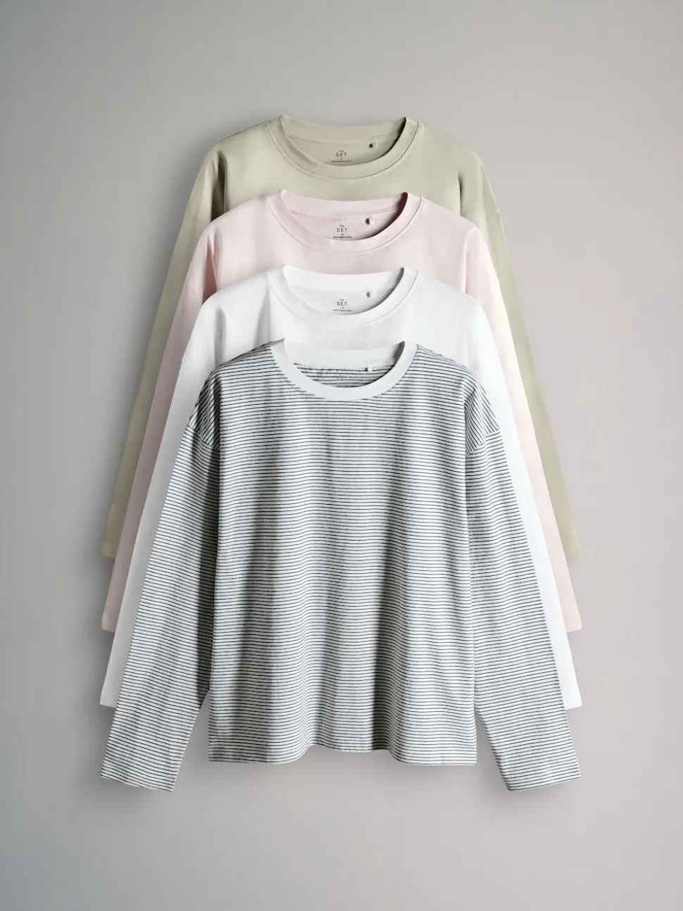 The Set Relaxed Fit 4 Pack 100% Cotton Relaxed Long Sleeve T-Shirts Light Green/Pink/White/Stripe