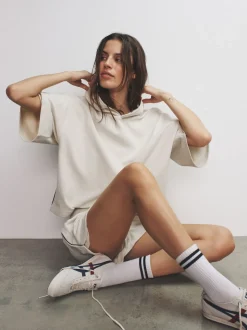 The Set Soft Touch Ribbed Sweat Hoodie And Shorts Set Cream