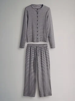The Set Stripe 2 Pack Button Through Long Sleeve Top and Drawstring Trousers Co-Ord Set