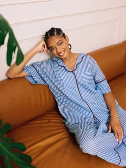 Their Nibs Blue Skinny Stripe Cotton Voile Oversized Long Pyjamas Set