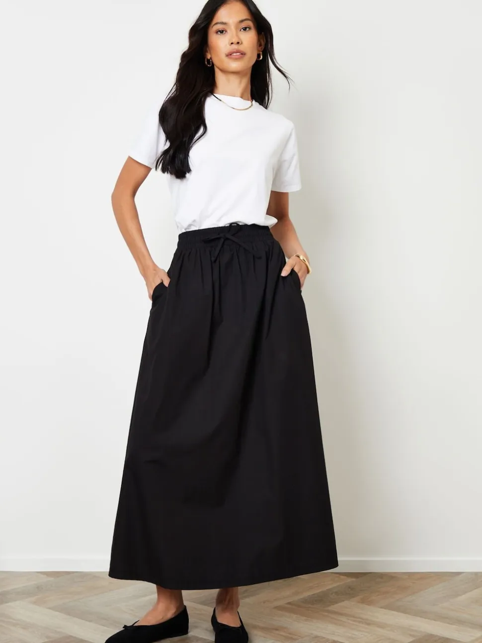 Threadbare Black Cotton Poplin Tie Waist Skirt with Pockets