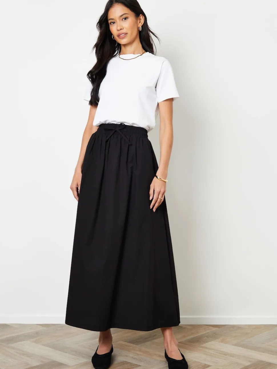 Threadbare Black Cotton Poplin Tie Waist Skirt with Pockets