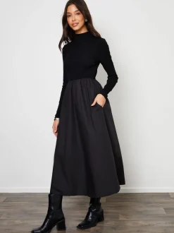 Threadbare Black High Neck 2 In 1 Jersey Poplin Mix Mini Dress