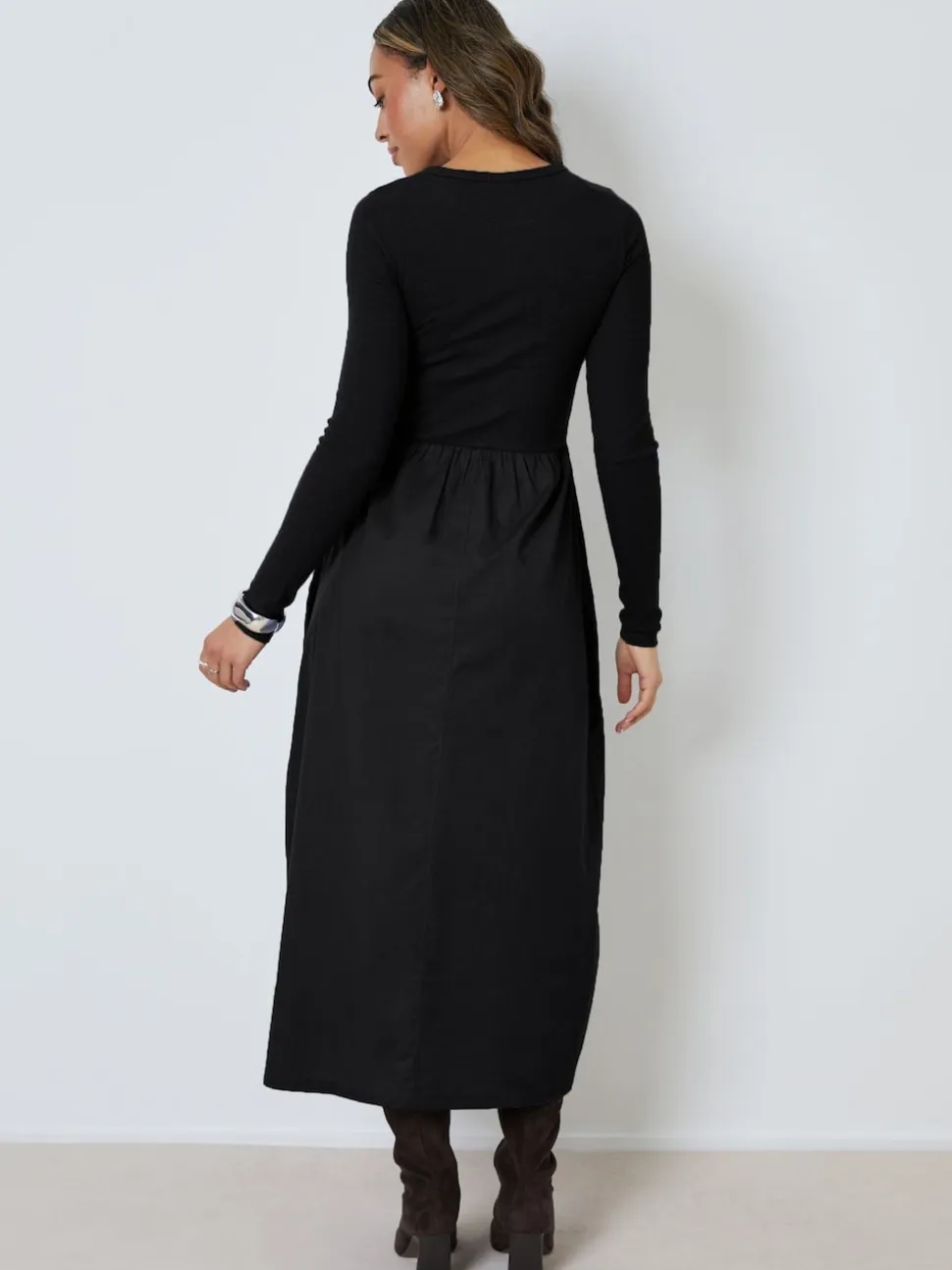 Threadbare Black 2-in-1 Jersey Poplin Mix Button Down Dress