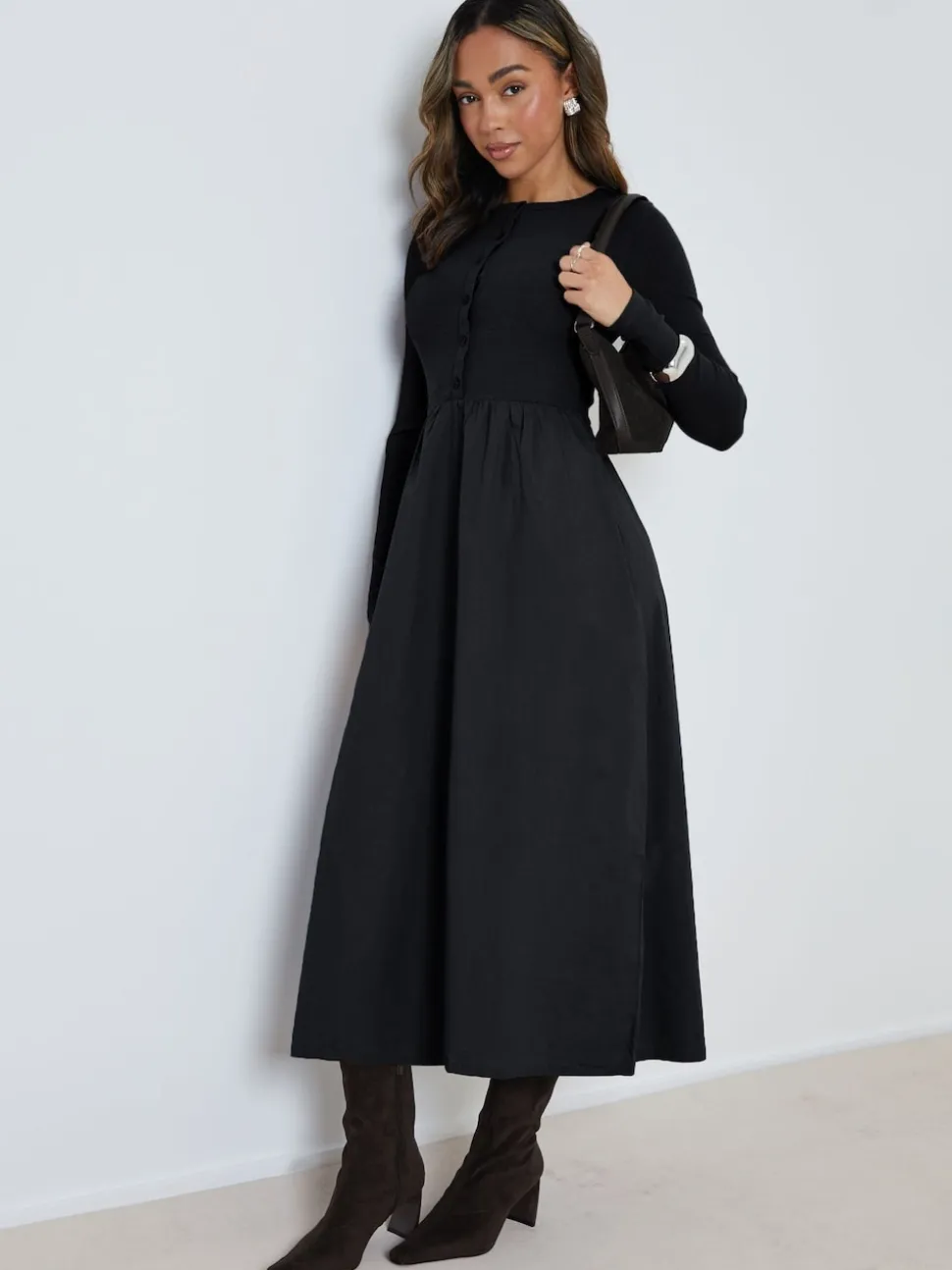 Threadbare Black 2-in-1 Jersey Poplin Mix Button Down Dress