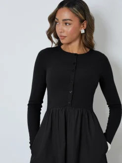 Threadbare Black 2-in-1 Jersey Poplin Mix Button Down Dress