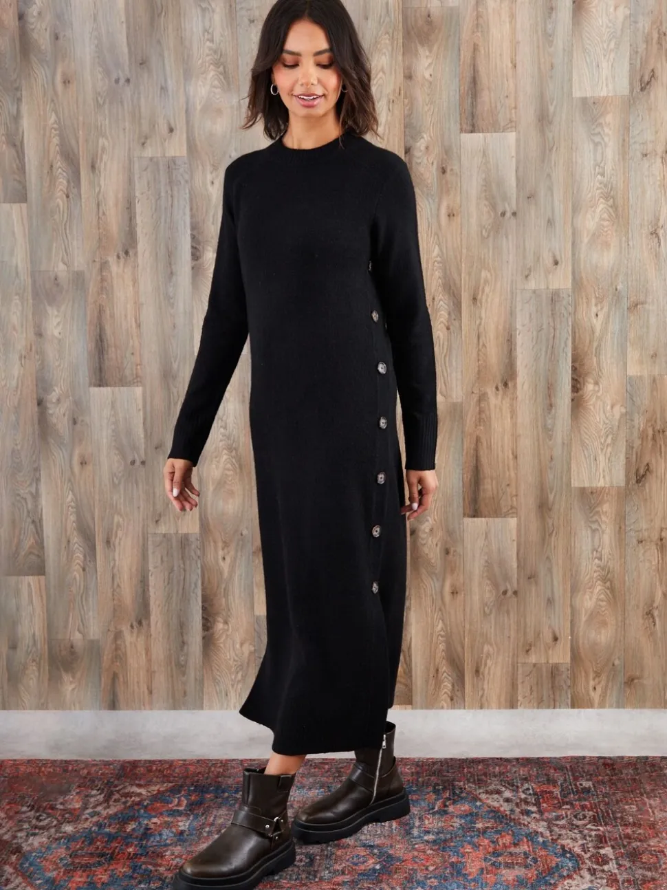 Threadbare Black Knitted Side Button Detail Maxi Dress