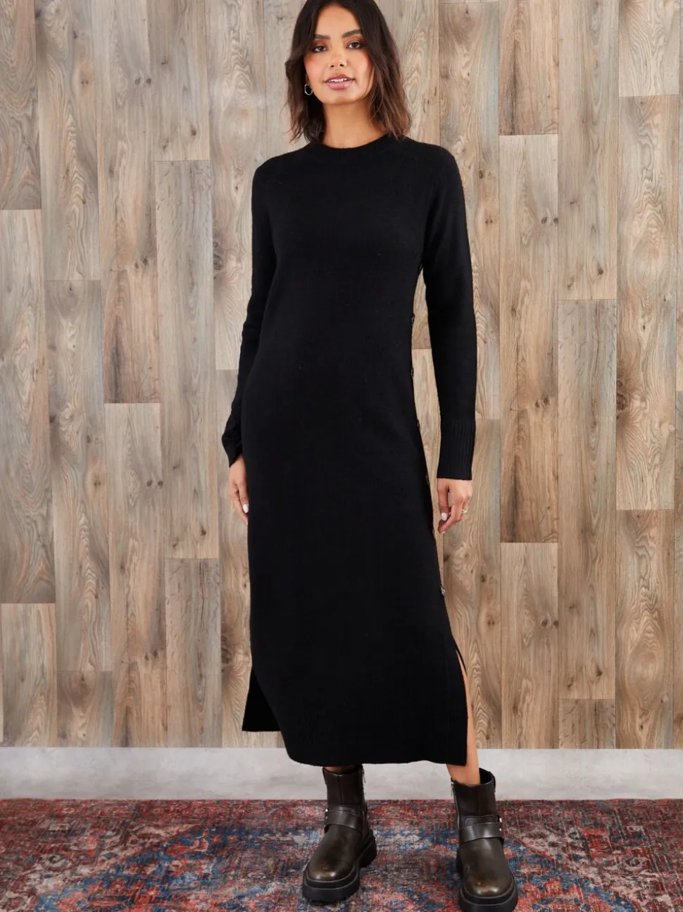Threadbare Black Knitted Side Button Detail Maxi Dress