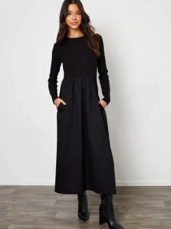 Threadbare Black Rib Jersey 2-In-1 Midi Dress with Poplin Skirt
