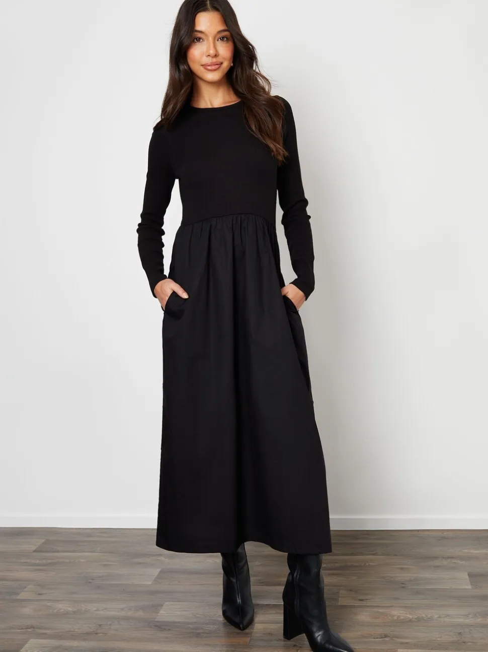 Threadbare Black Rib Jersey 2-In-1 Midi Dress with Poplin Skirt