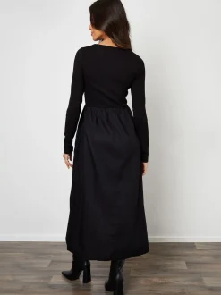 Threadbare Black Rib Jersey 2-In-1 Midi Dress with Poplin Skirt