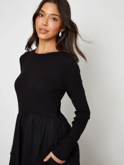 Threadbare Black Rib Jersey 2-In-1 Midi Dress with Poplin Skirt