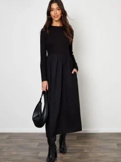 Threadbare Black Rib Jersey 2-In-1 Midi Dress with Poplin Skirt